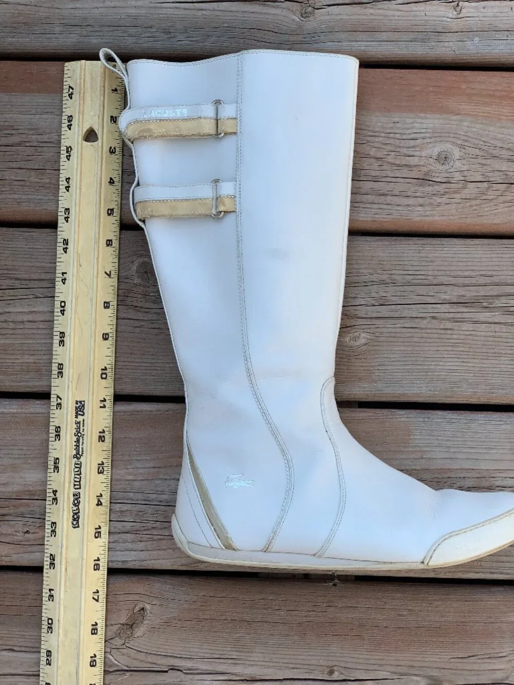 Vintage Lacoste White Leather Boots Womens 9 Side Zip Tall Gogo Retro Knee High